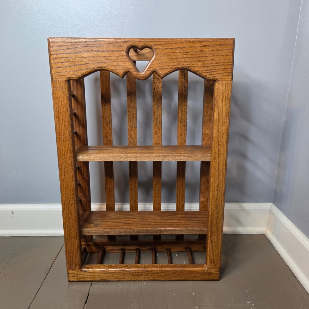 Vintage Oak Wood Wall Hanging Display Shelf Heart Cutout Adjustable Shelves 24in